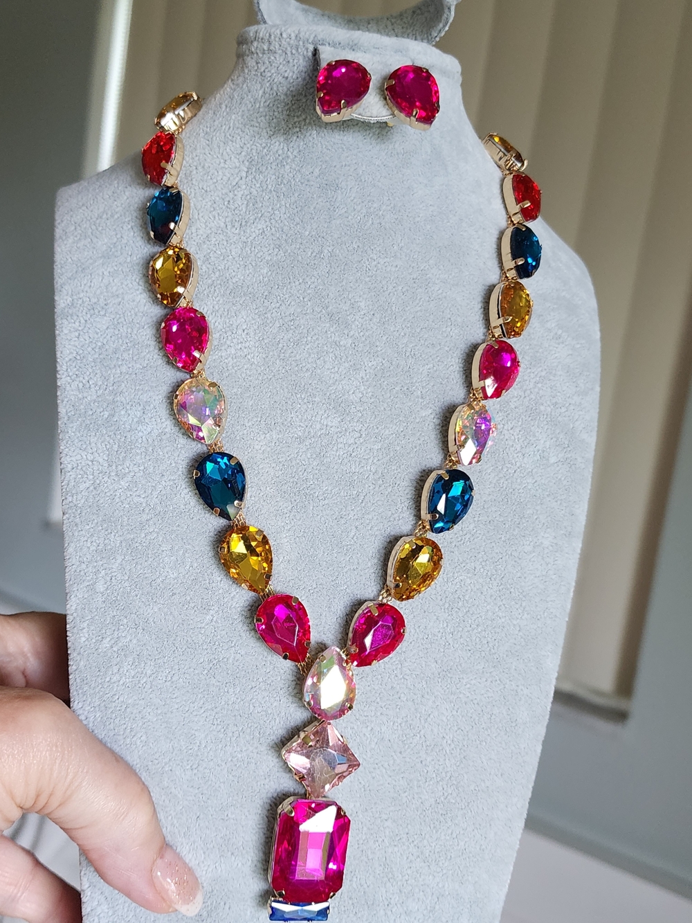 Colorful Teardrop Crystal Necklace — Multicolor Gem Statement